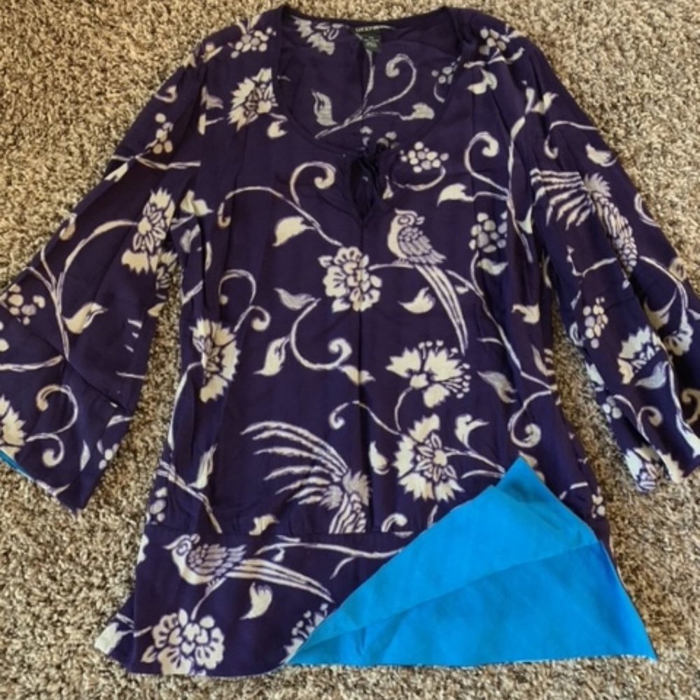 Lucky Brand Women's Blouse Floral Bird Bell Sleeve